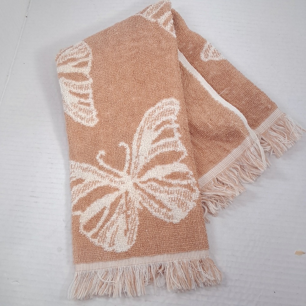 Vintage West Point Lady Pepperell Butterfly bath hand towel brown cream fringe
